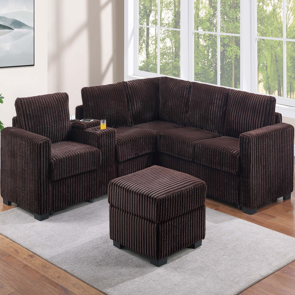 Contemporary L-Shaped Sectional Set With USB Console & Ottoman