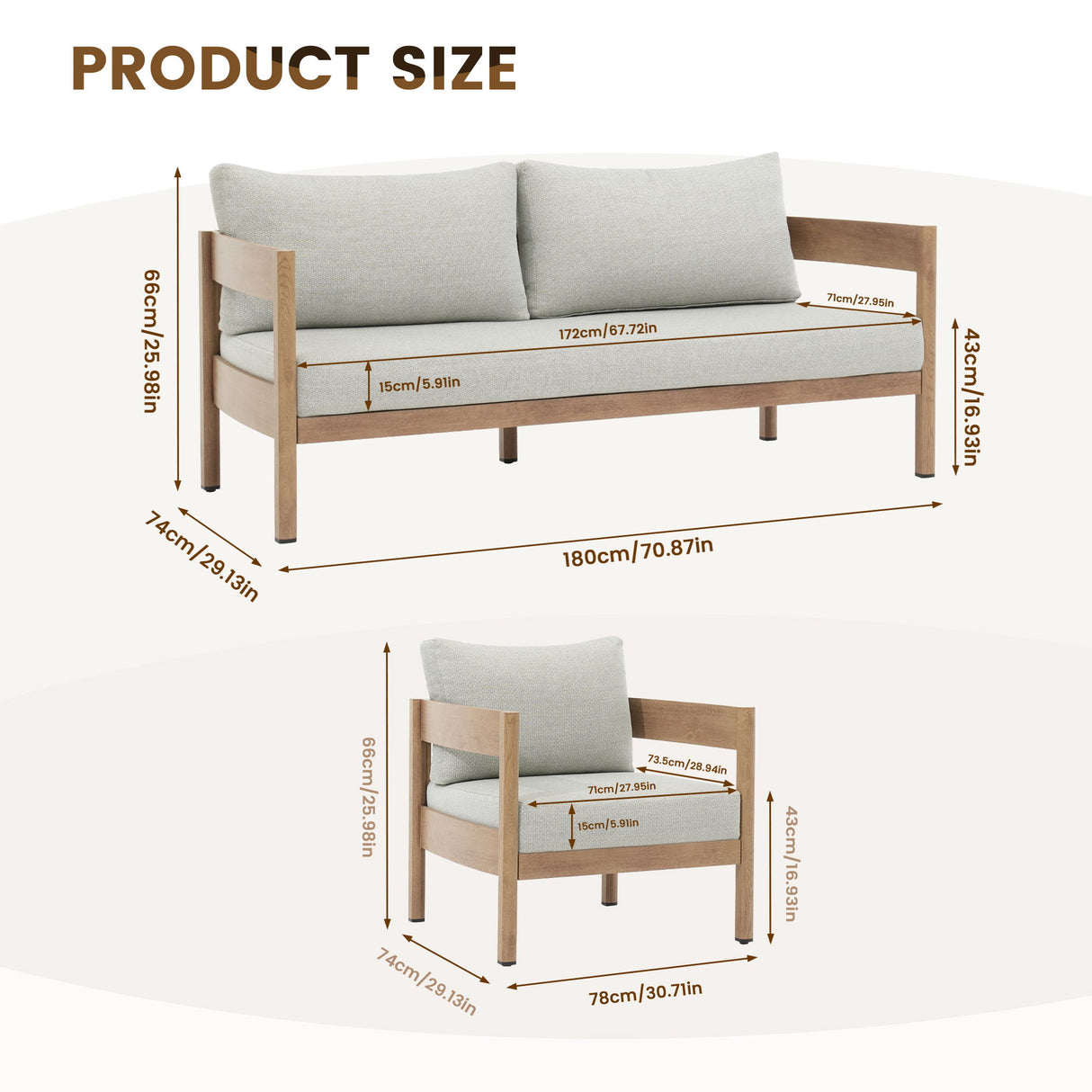 Outdoor Sofa Set Of 3 With Weather Resistant Cushions (Coffee Table Not Included) - Oak