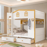Twin Over Twin Bunk Bed With House Shaped Guardrails, Storage Shelves & Drawers - White / Natural