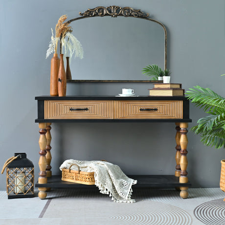 Accent Carved Console Table With Open Shelf And 2 Drawers Living Room - Black / Natural Wood Wash