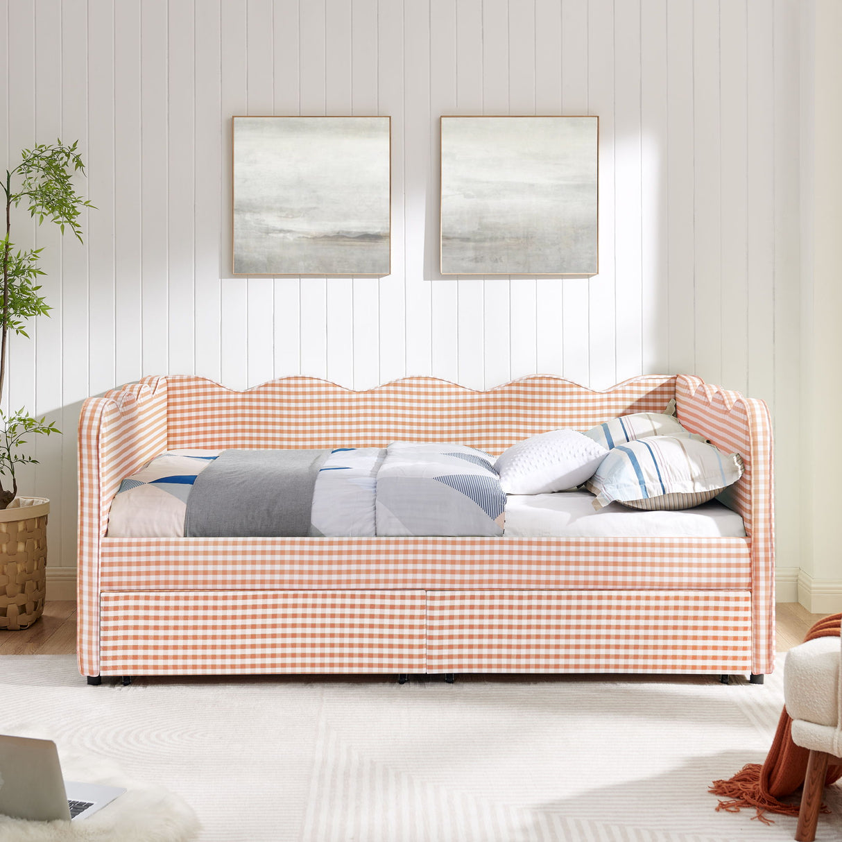 Gingham Daybed & USB Charging Port, Wave-Shaped Design