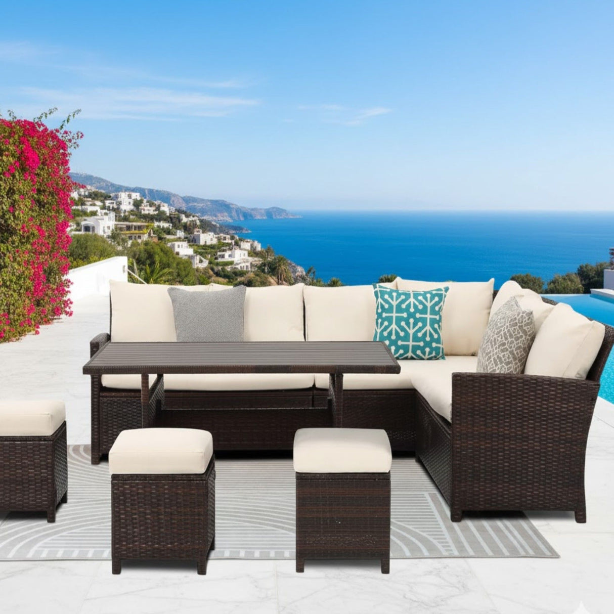 7 Piece Patio Dining Set With Cushions, Modular Sectional Sofa & Storage Table