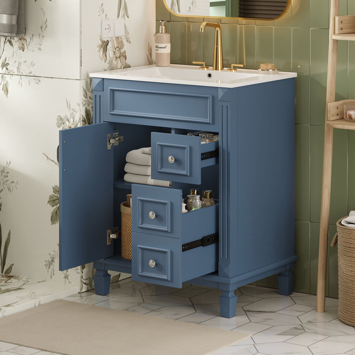 Bathroom Vanity With Ceramic Sink, Compact Cabinet With 2 Drawers And Adjustable Shelf - Blue