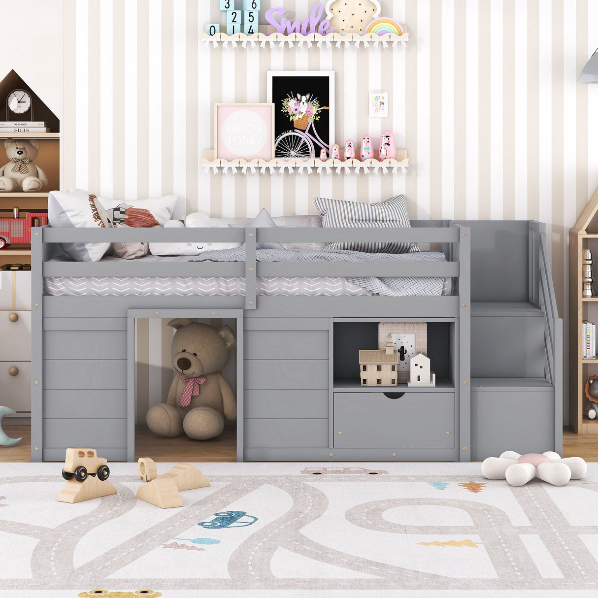 Low Loft Bed With Stair, Drawer, And Shelf
