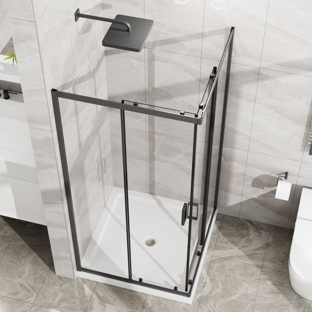 Corner Shower Enclosure, Double Sliding Door & Shower Base - Matte Black