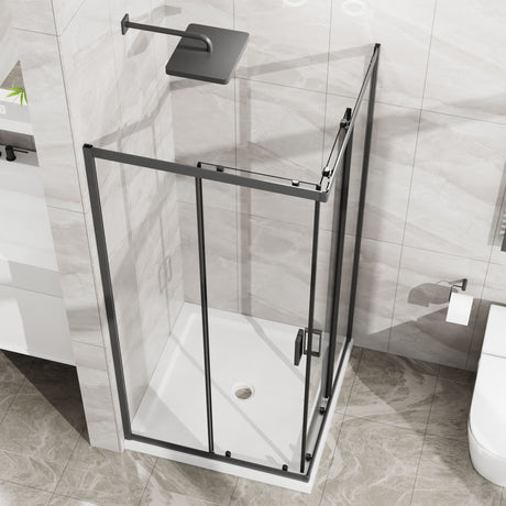 Corner Shower Enclosure, Double Sliding Door & Shower Base - Matte Black