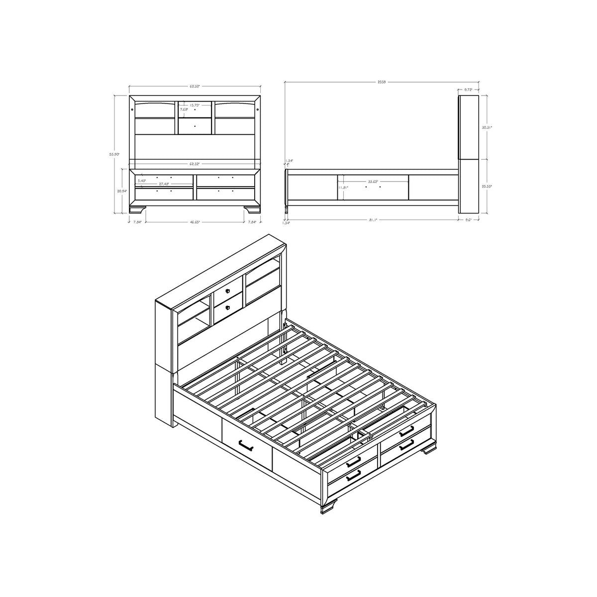 Civic - 5 Piece Storage Bedroom Set With Bookcase Headboard
