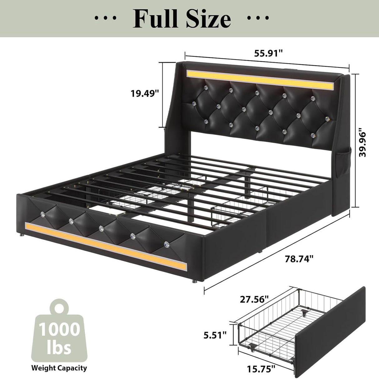Wingback Upholstered Bed Frame With LED Lights, Charging Station