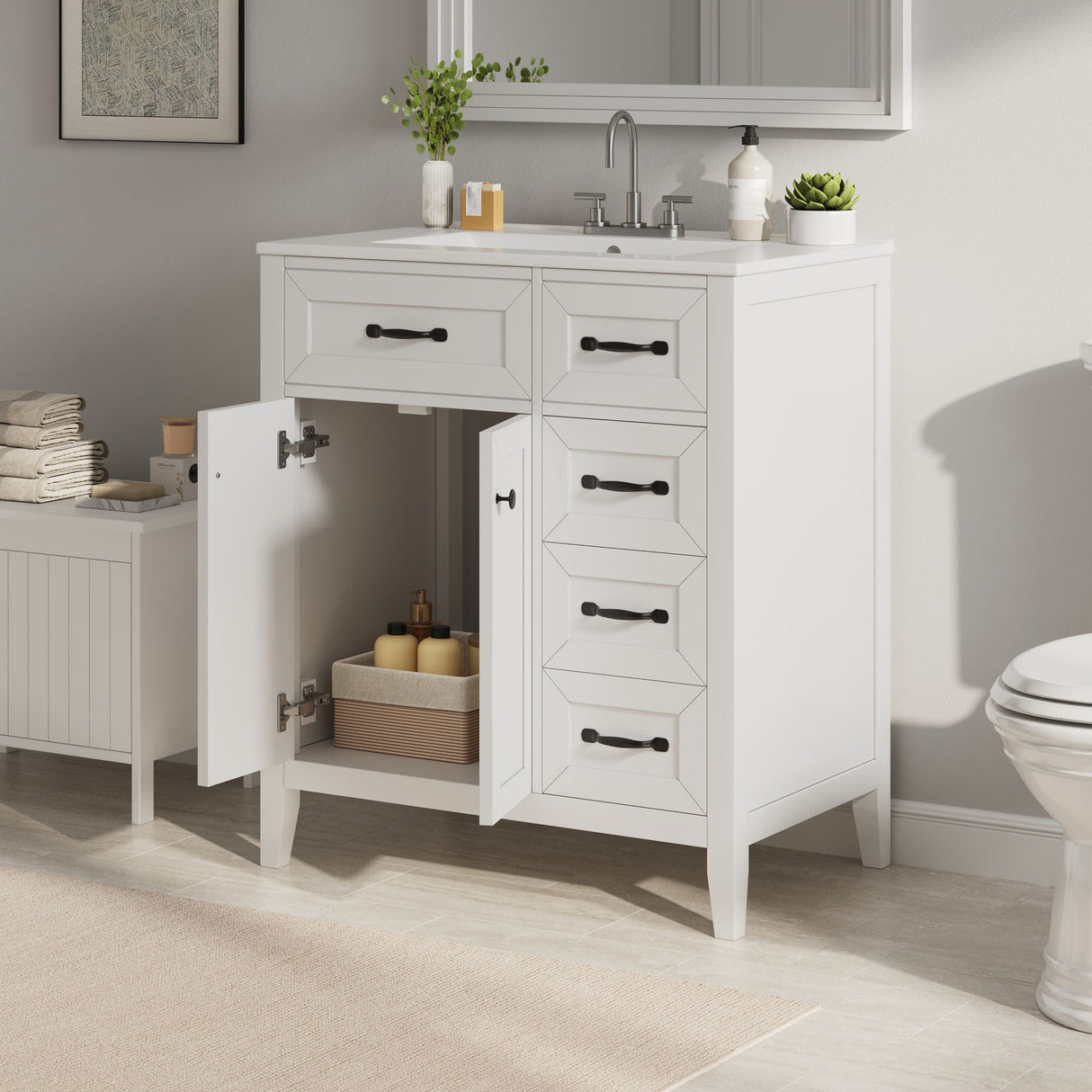 Bathroom Vanity With Sink, Freestanding Design, Soft Close Doors & Drawers - White