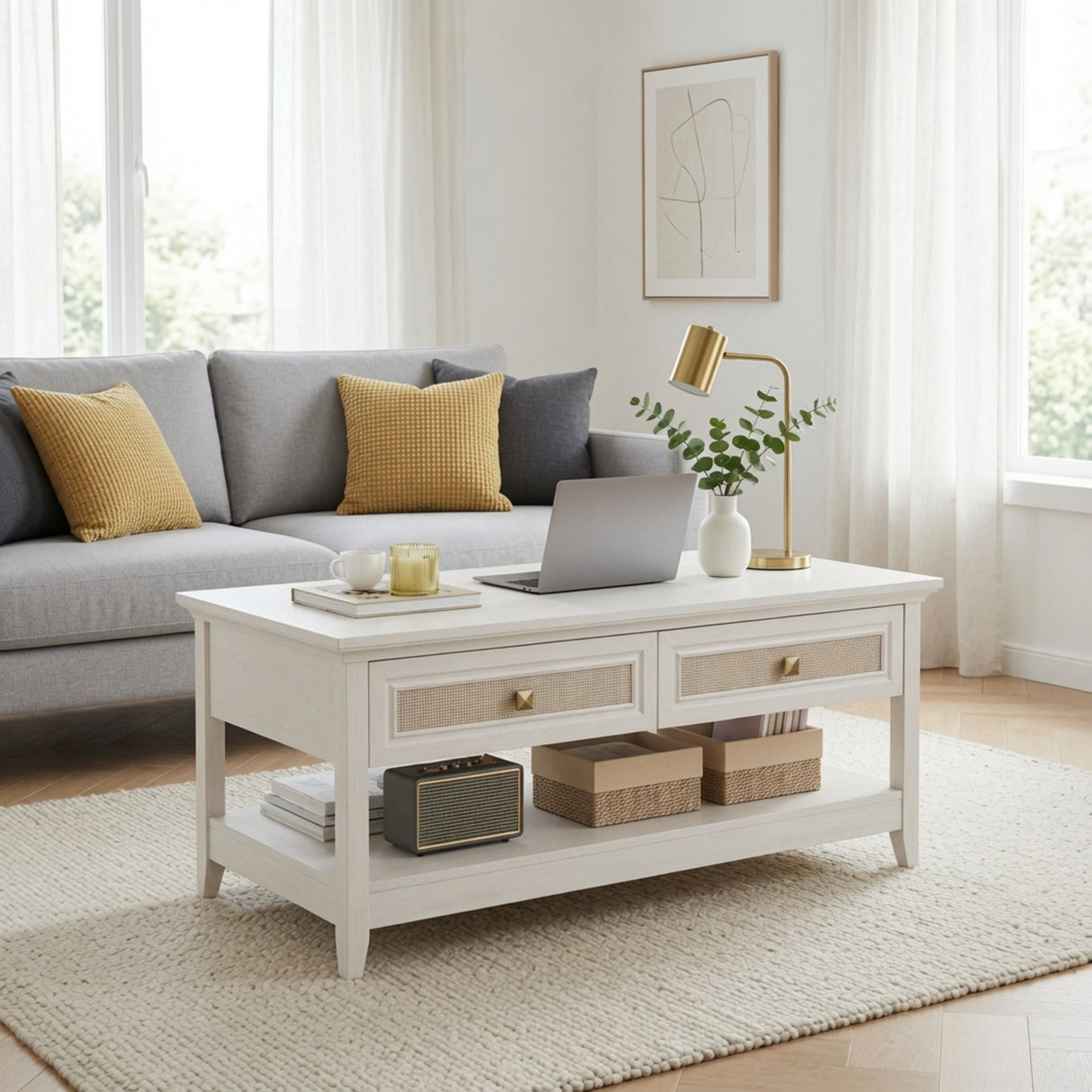 Coffee Table With Drawers & Storage Shelf - White