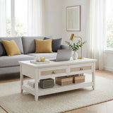 Coffee Table With Drawers & Storage Shelf - White