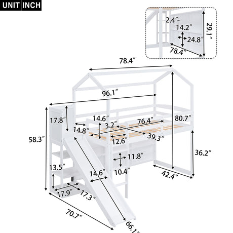 House Loft Bed With Slide, Storage Shelves And Light, Climbing Ramp