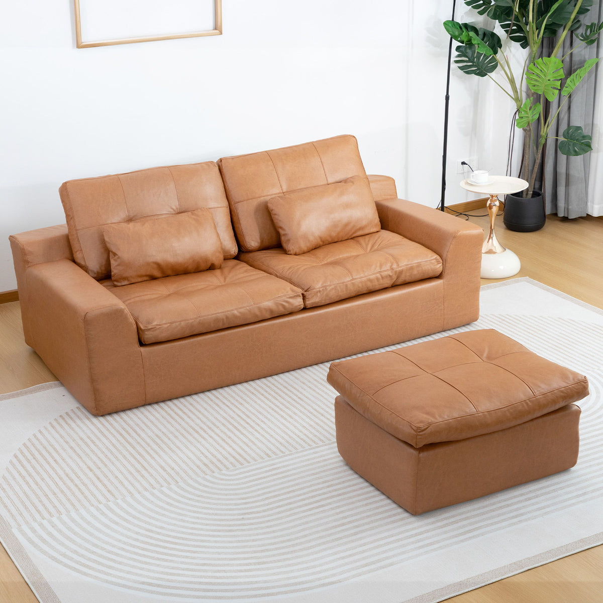 L - Shaped Modular 2 Seater Sofa With Movable Ottoman And High Density Sponge Cushions For Living Room