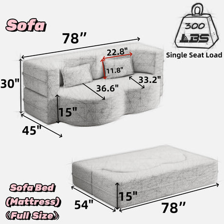 Floor Convertible Sleeper Sofa Bed With 2 Pillows