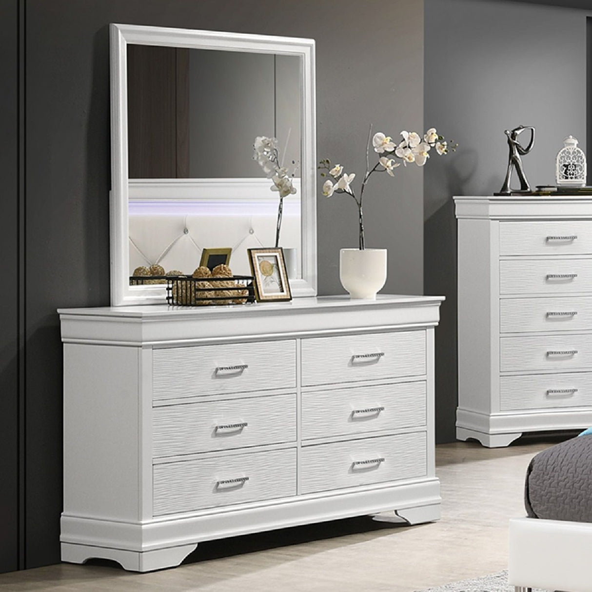 1 Piece Dresser Of Drawers Bedroom Furniture With Diamond Accent Handles, Drawer Box - White
