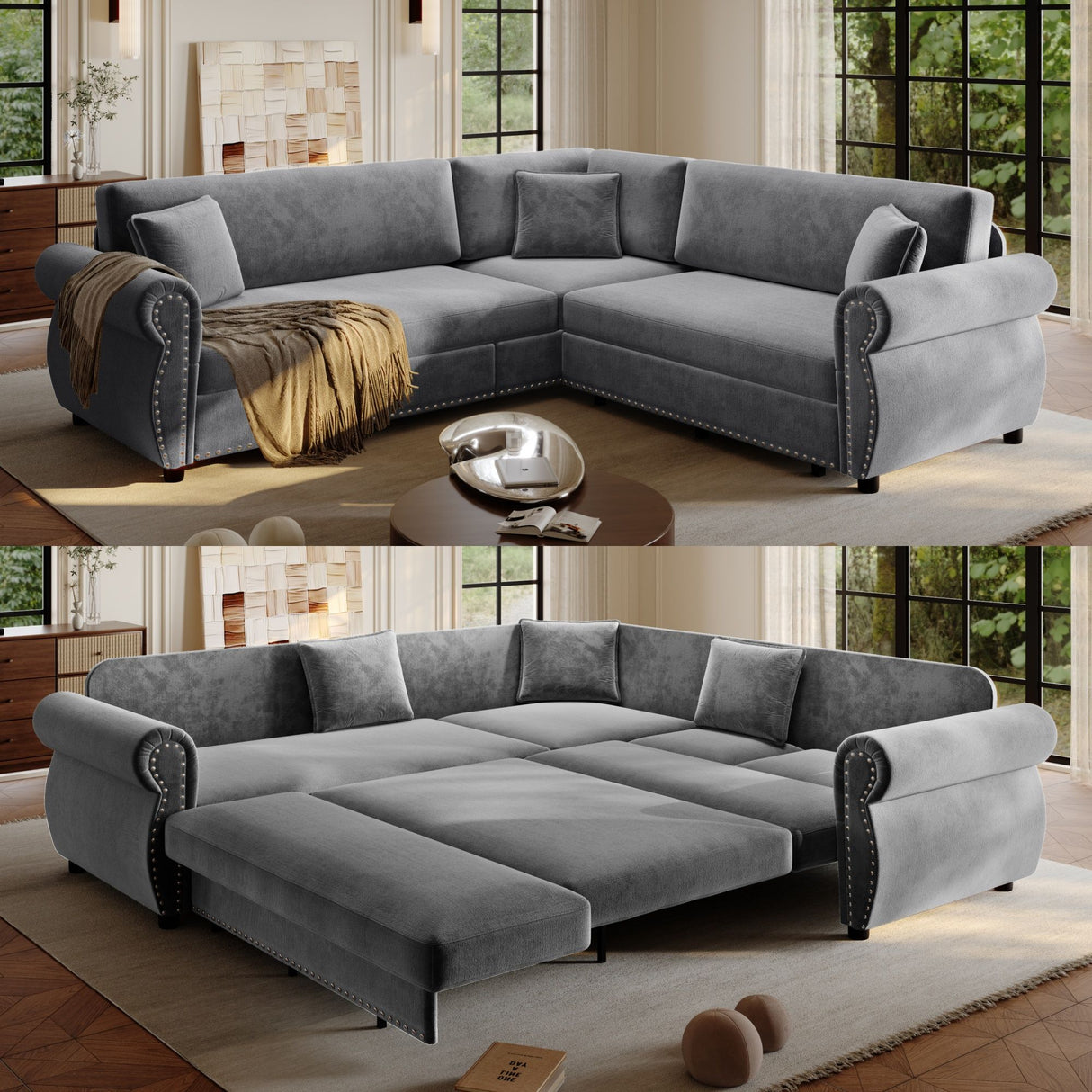 L-Shaped Sofa Couch With Pull-Out Bed