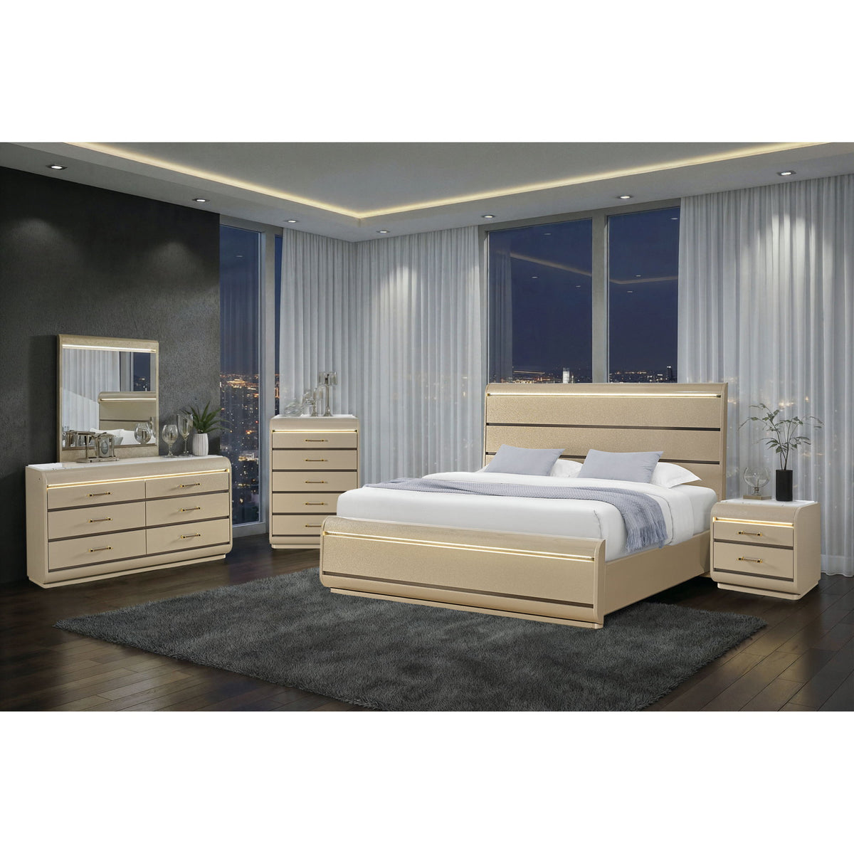 Gigi - Nightstand With LED Lighting For Bedroom Storage - Gold