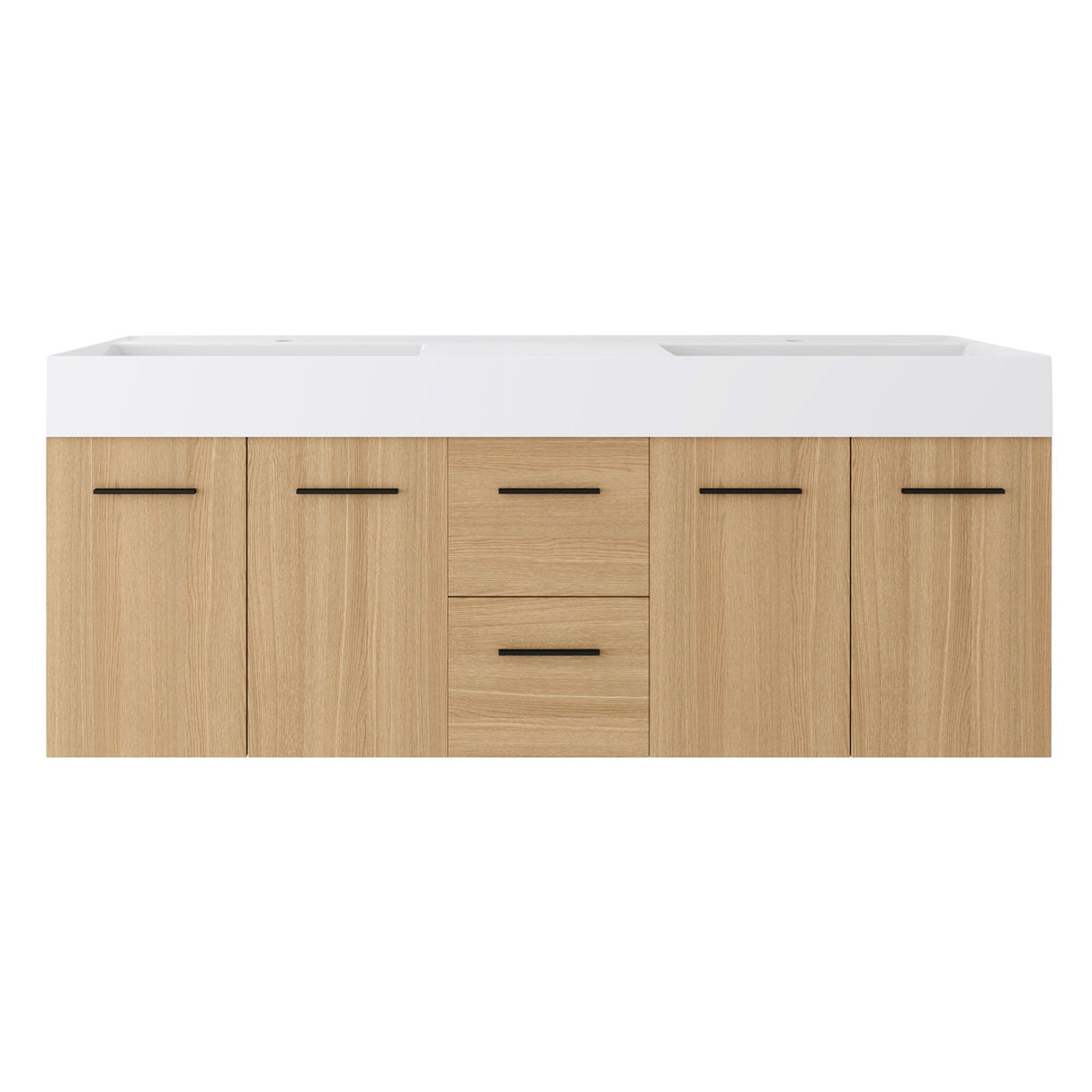 Floating Double Sink Bathroom Vanity With Drawers And Doors, Extra Large Storage, Integrated Sink, Soft Close Hardware - Glossy White / Light Oak