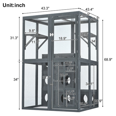 Outdoor Cat House With Shelves And Weather Protection, Removable Wood Boxes - Gray