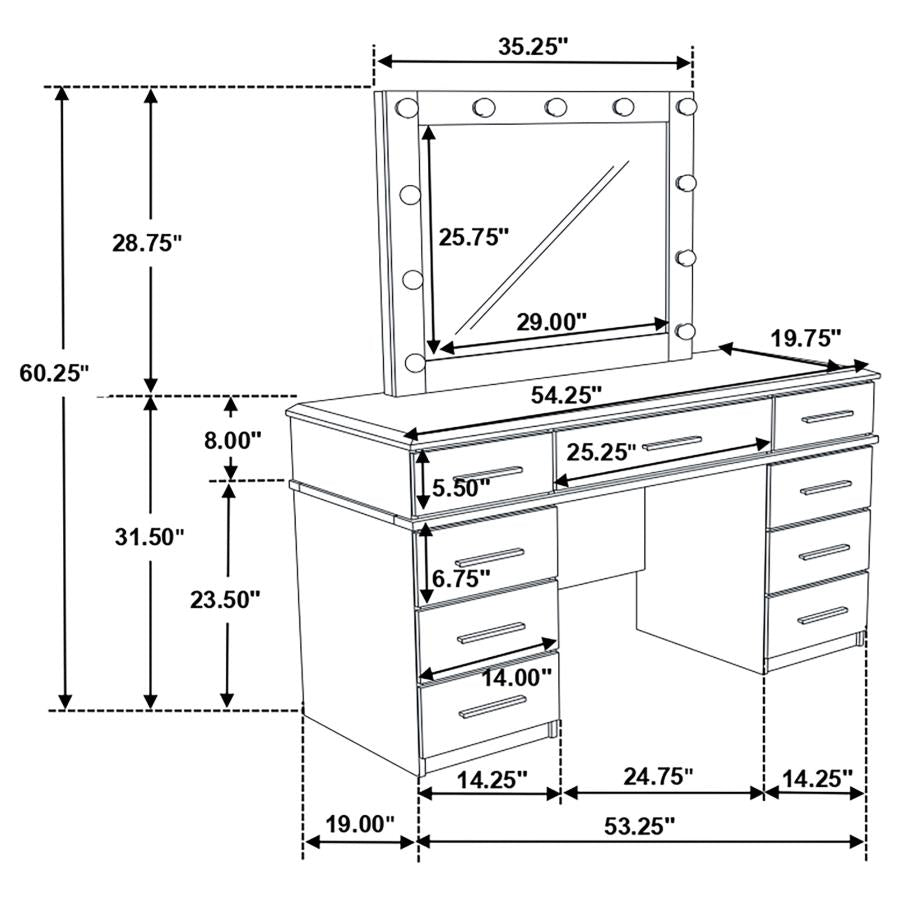 Felicity 9-drawer Vanity Table Lighted Mirror Glossy White - 203507