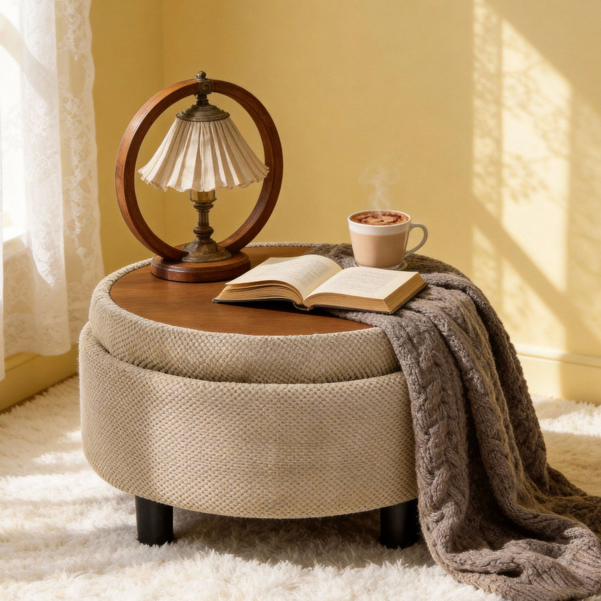 Storage Round Footstool Table Ottoman