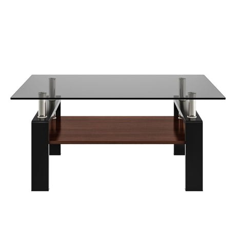 Modern Rectangular Coffee Table With Tempered Transparent Glass Top And Storage Shelf
