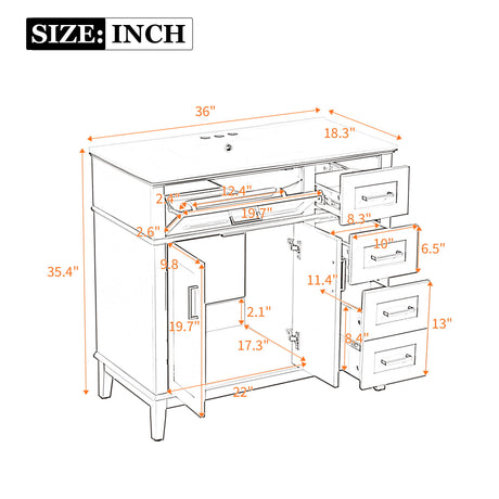 Bathroom Vanity With Ceramic Sink, Soft-Close Doors, 4 Storage Drawers - Blue