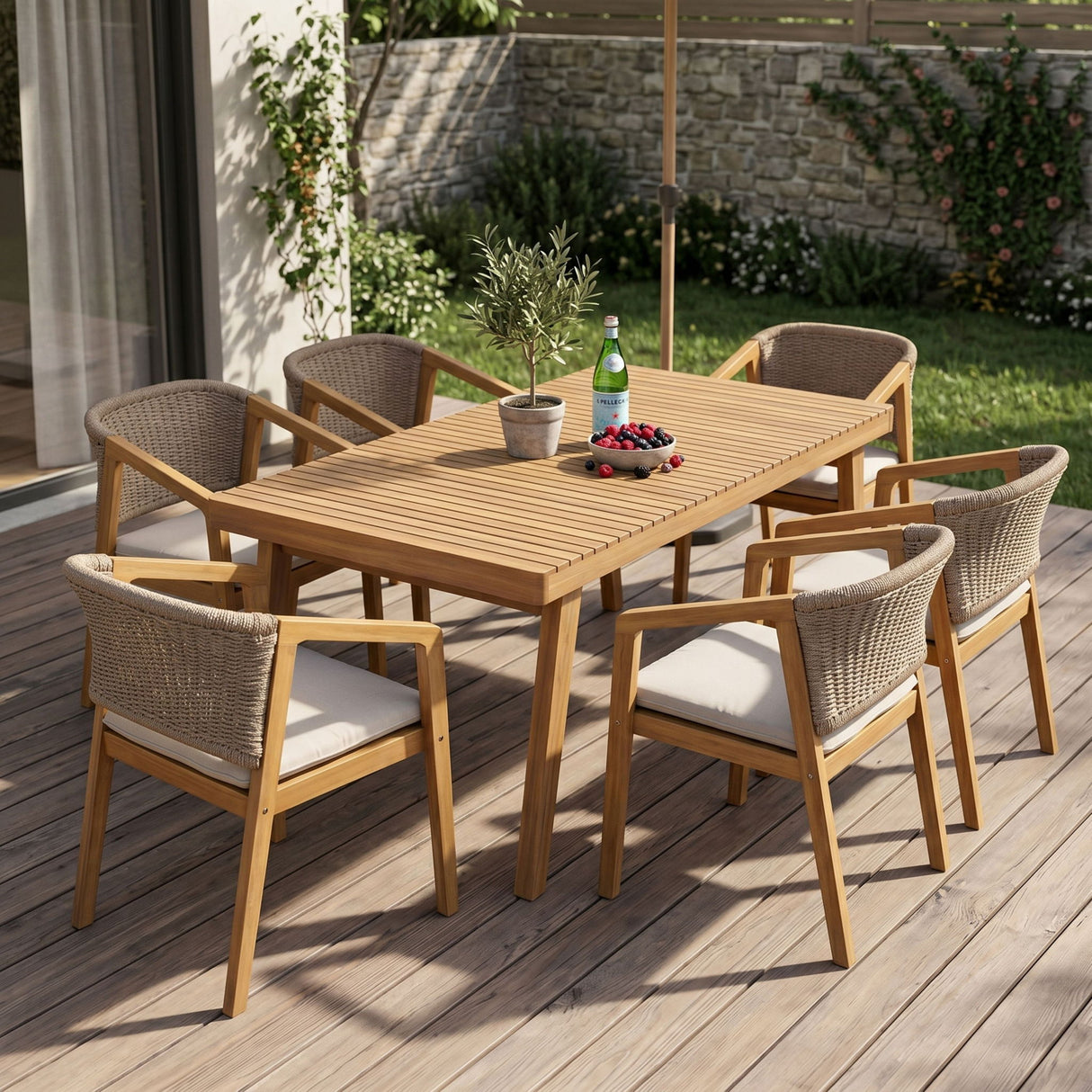 7 Piece Outdoor Dining Set With Rectangular Table And 6 Arm Chairs - Beige / Brown / Brown Mix / Light Teak