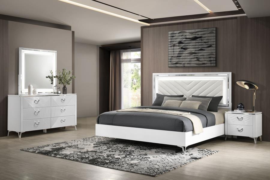 Cassia 4-piece Eastern King LED Bedroom Set White High Gloss - 215791KE-S4