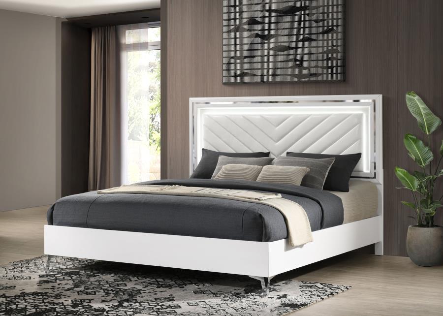Cassia Eastern King LED Panel Bed White High Gloss - 215791KE