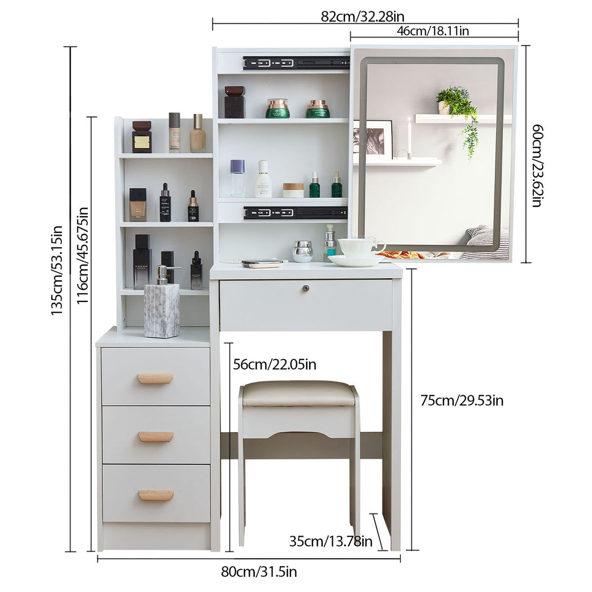 Vanity Set With LED Mirror, Storage Dressing Table & Cushioned Stool - Cream White