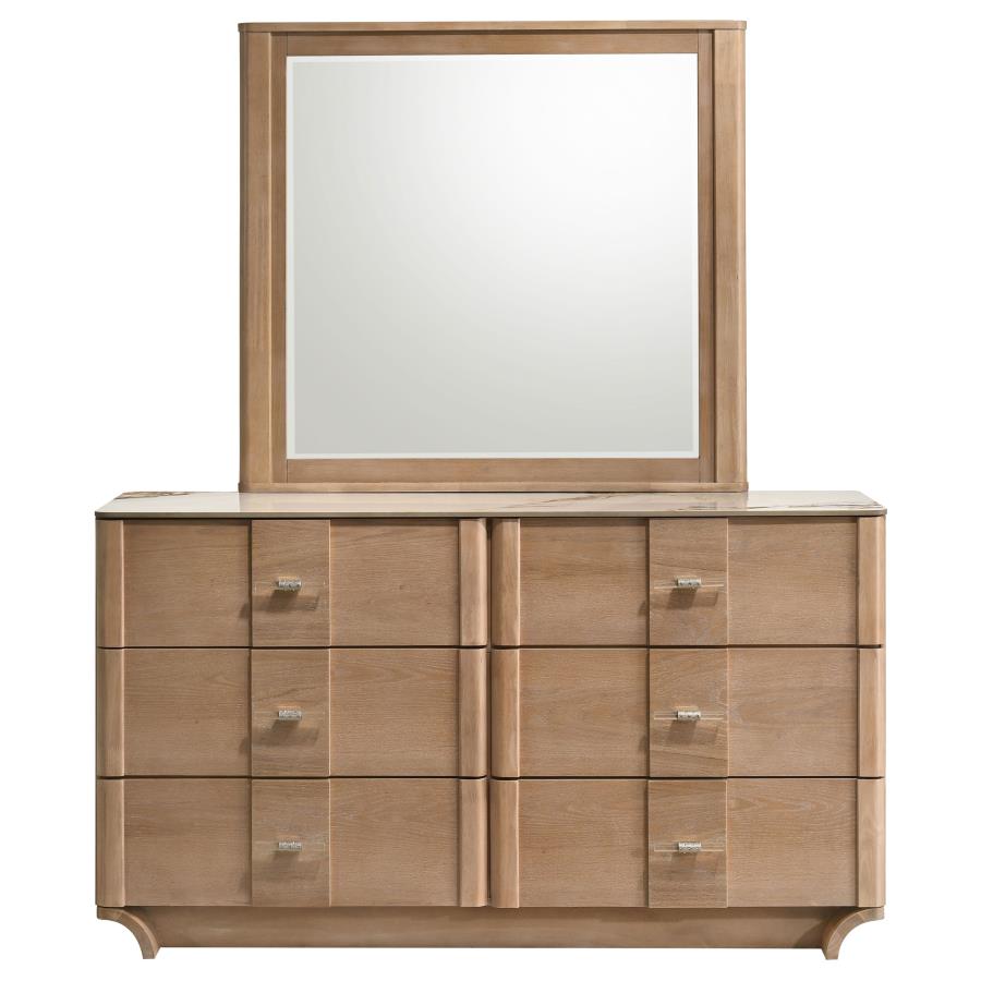 Leanne 6-drawer Sinter Stone Top Dresser and Mirror Light Oak - 223133M