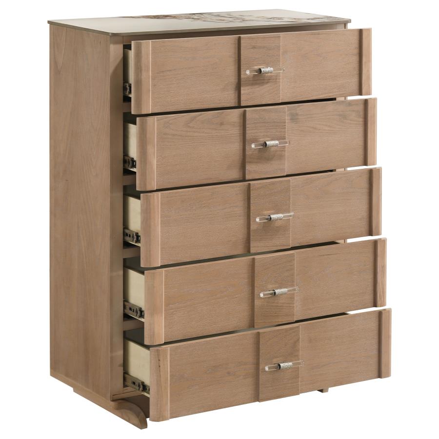 Leanne 5-drawer Sinter Stone Top Chest of Drawers Light Oak - 223135