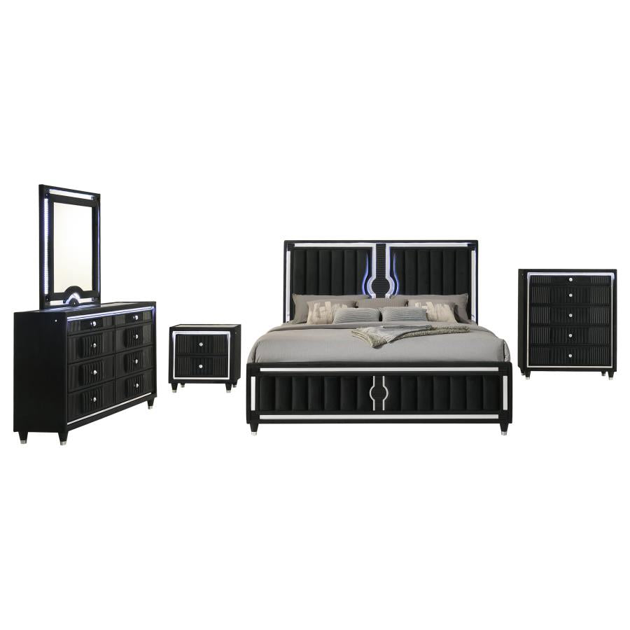 Ravenne 5-piece Velvet Upholstered Eastern King LED Bedroom Set Black - 223191KE-S5