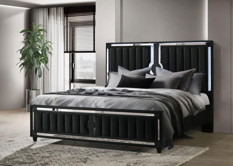 Ravenne Velvet Upholstered Eastern King LED Panel Bed Black - 223191KE