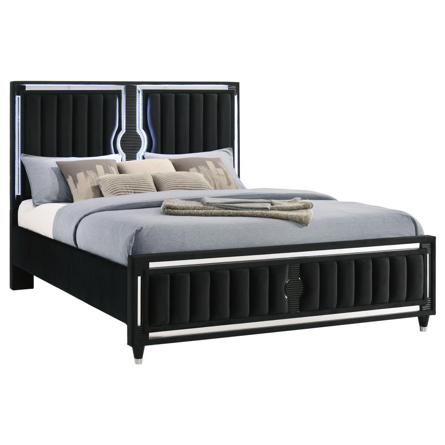 Ravenne Velvet Upholstered Eastern King LED Panel Bed Black - 223191KE