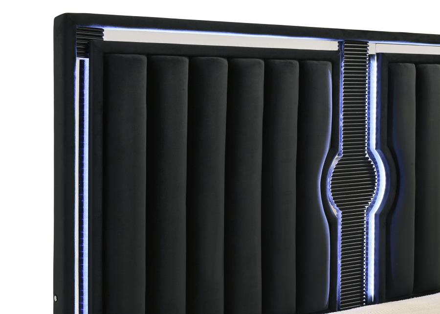 Ravenne Velvet Upholstered Eastern King LED Panel Bed Black - 223191KE