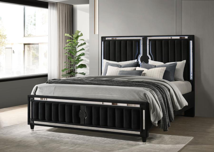 Ravenne Velvet Upholstered California King LED Panel Bed Black - 223191KW