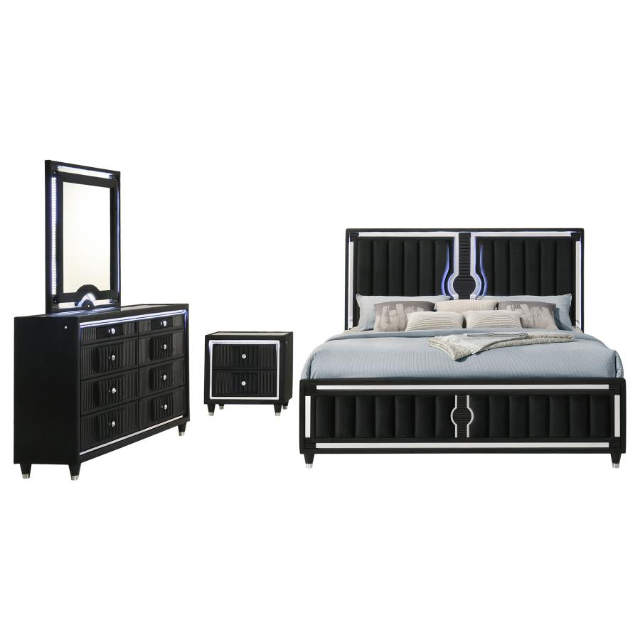 Ravenne 4-piece Velvet Upholstered Queen LED Bedroom Set Black - 223191Q-S4