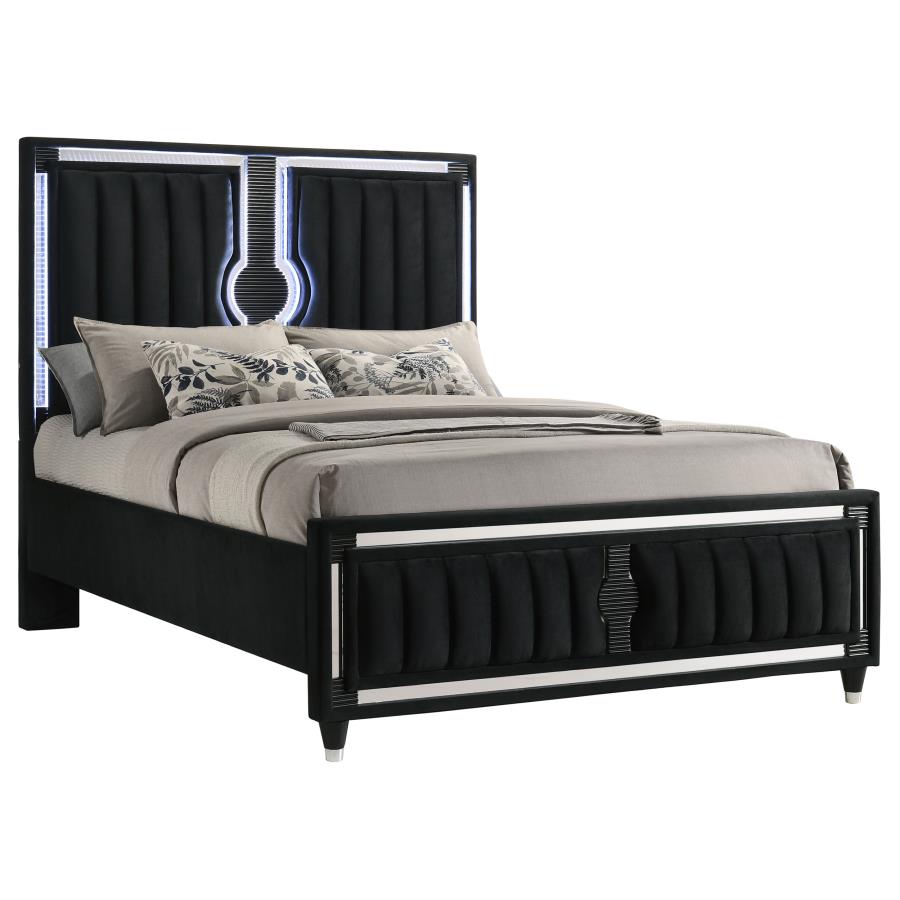 Ravenne Velvet Upholstered Queen LED Panel Bed Black - 223191Q