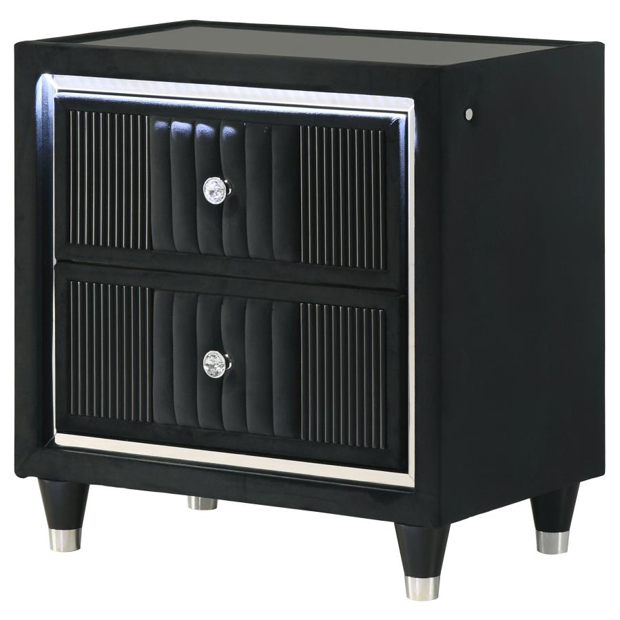 Ravenne 2-drawer Velvet Upholstered LED Nightstand with USB Black - 223192