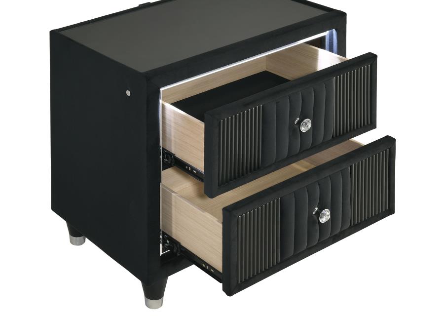 Ravenne 2-drawer Velvet Upholstered LED Nightstand with USB Black - 223192