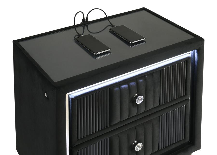 Ravenne 2-drawer Velvet Upholstered LED Nightstand with USB Black - 223192