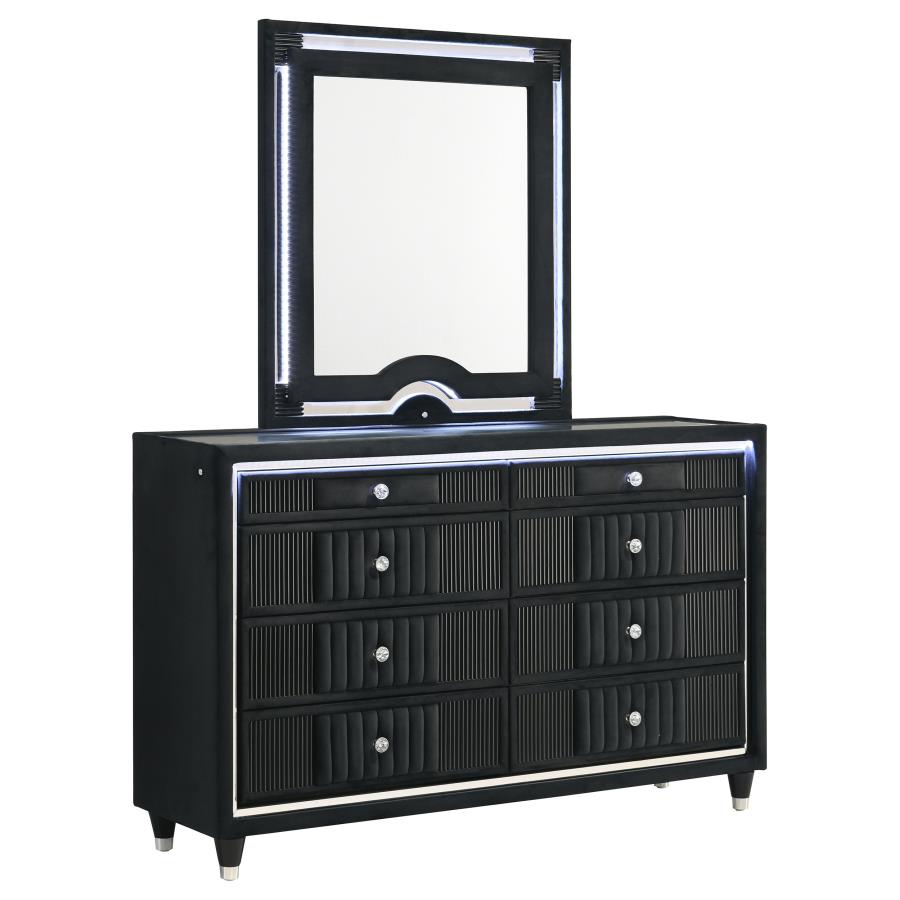 Ravenne 8-drawer Velvet Upholstered LED Dresser and Mirror Black - 223193M