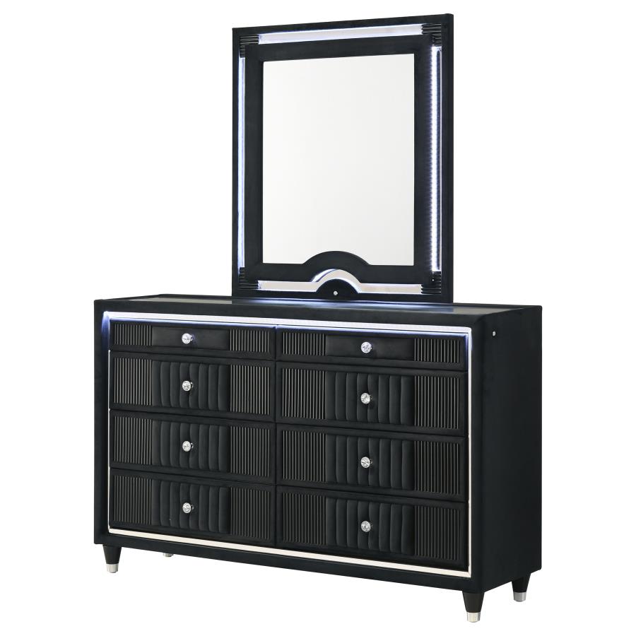 Ravenne 8-drawer Velvet Upholstered LED Dresser and Mirror Black - 223193M