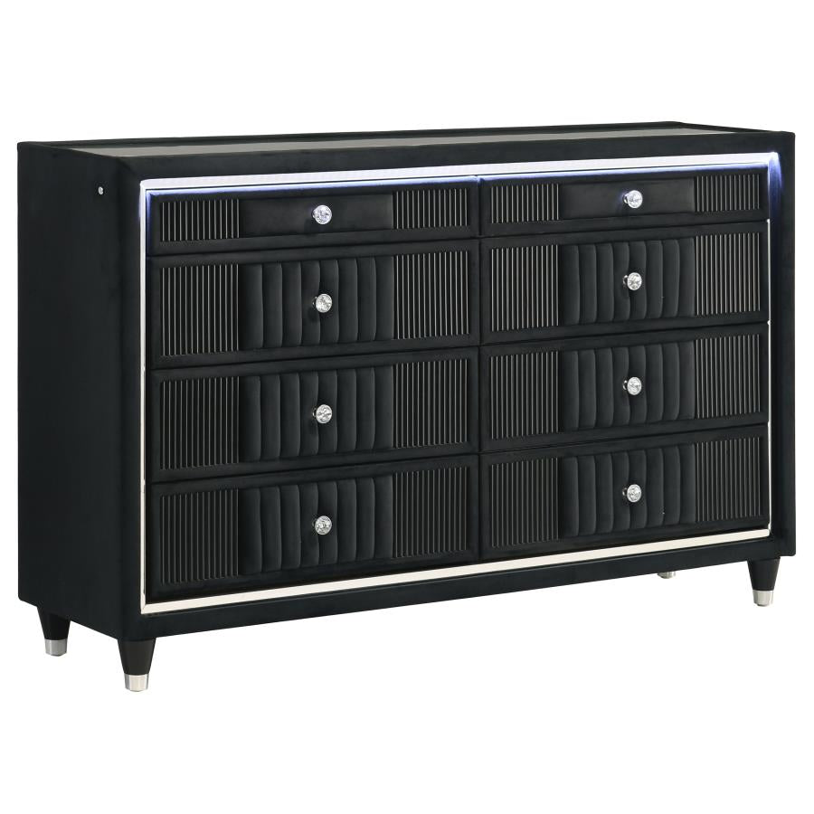 Ravenne 8-drawer Velvet Upholstered LED Dresser Cabinet Black - 223193