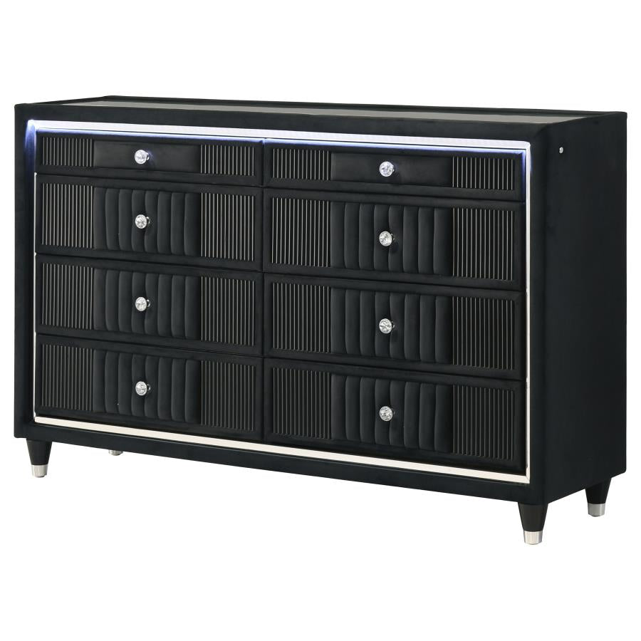 Ravenne 8-drawer Velvet Upholstered LED Dresser Cabinet Black - 223193