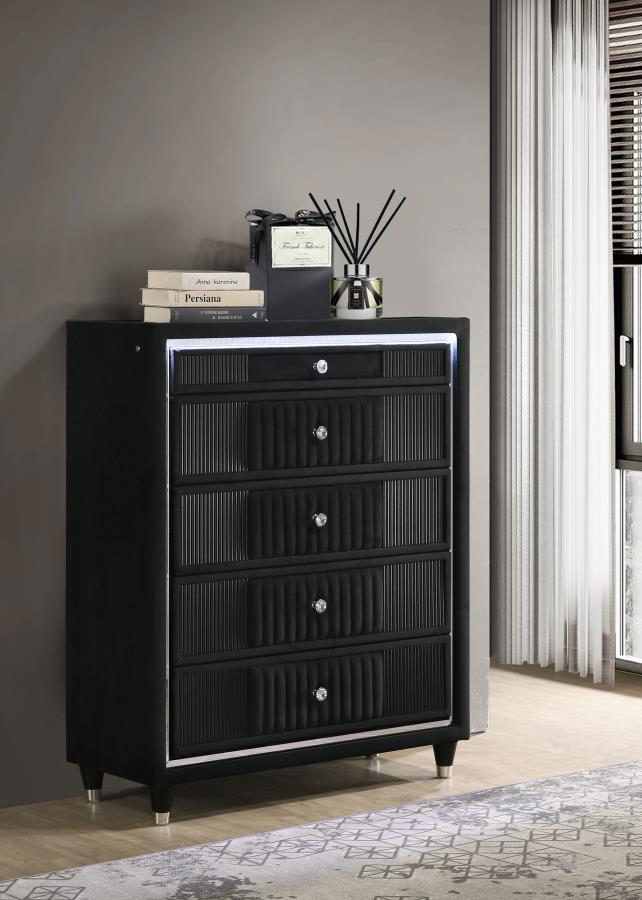 Ravenne 5-drawer Velvet Upholstered LED Chest of Drawers Black - 223195