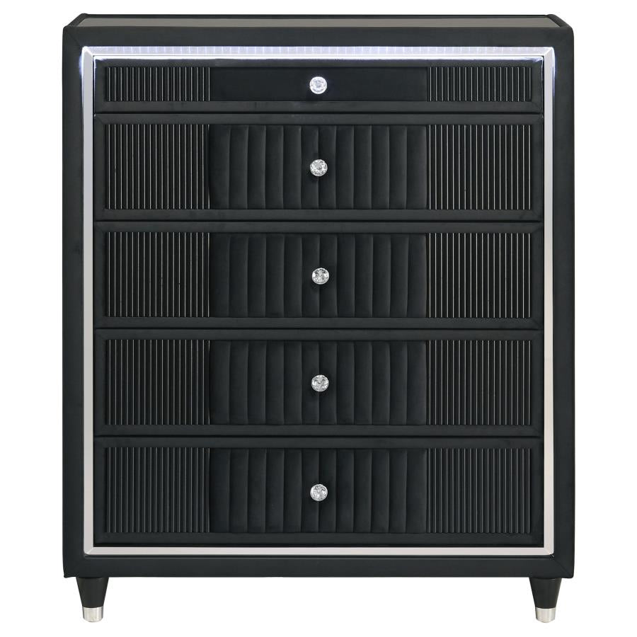 Ravenne 5-drawer Velvet Upholstered LED Chest of Drawers Black - 223195