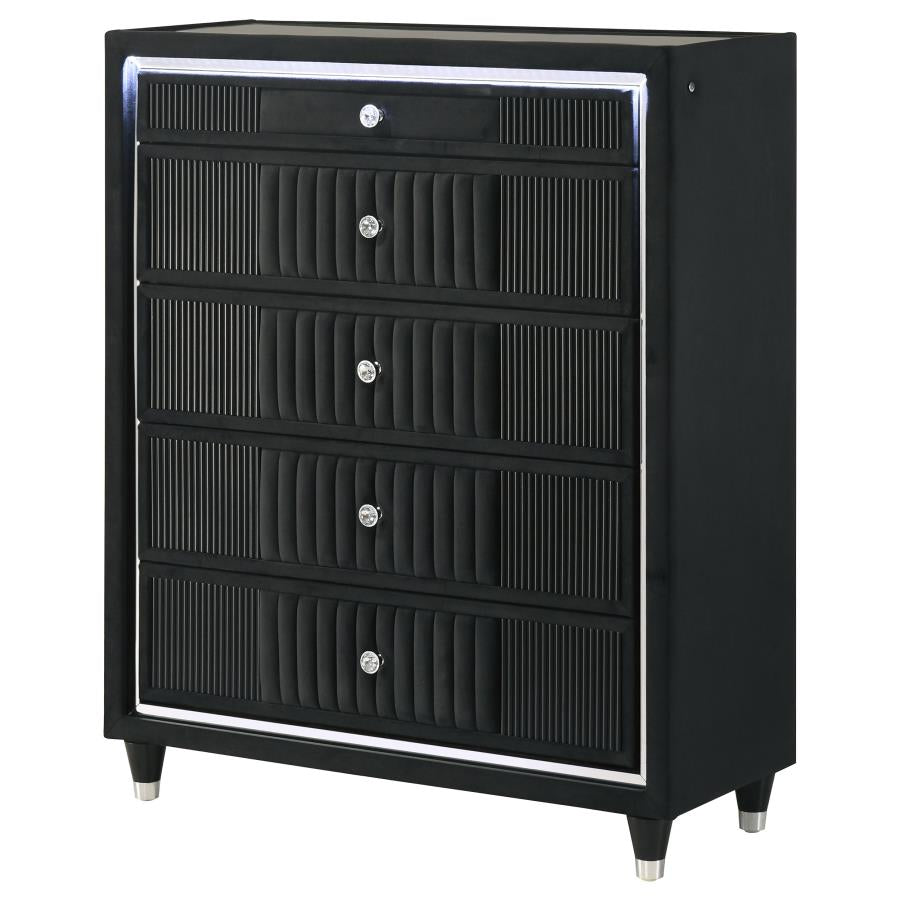 Ravenne 5-drawer Velvet Upholstered LED Chest of Drawers Black - 223195